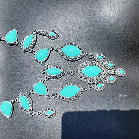 Vintage inspired turquoise marcasite style costume jewelry drop dangle necklace - Picture 3 of 5